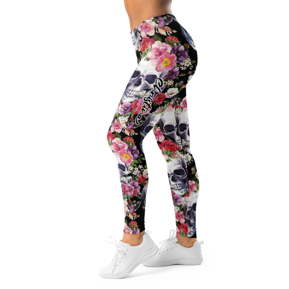 Personalisierte Sportleggings Damen Totenkopf Design Blumenmuster Fitness Leggings Yoga Hose Schwarz Bunt C005