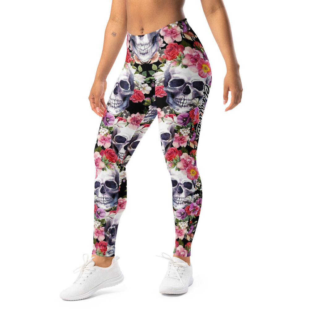 Personalisierte Sportleggings Damen Totenkopf Design Blumenmuster Fitness Leggings Yoga Hose Schwarz Bunt C005