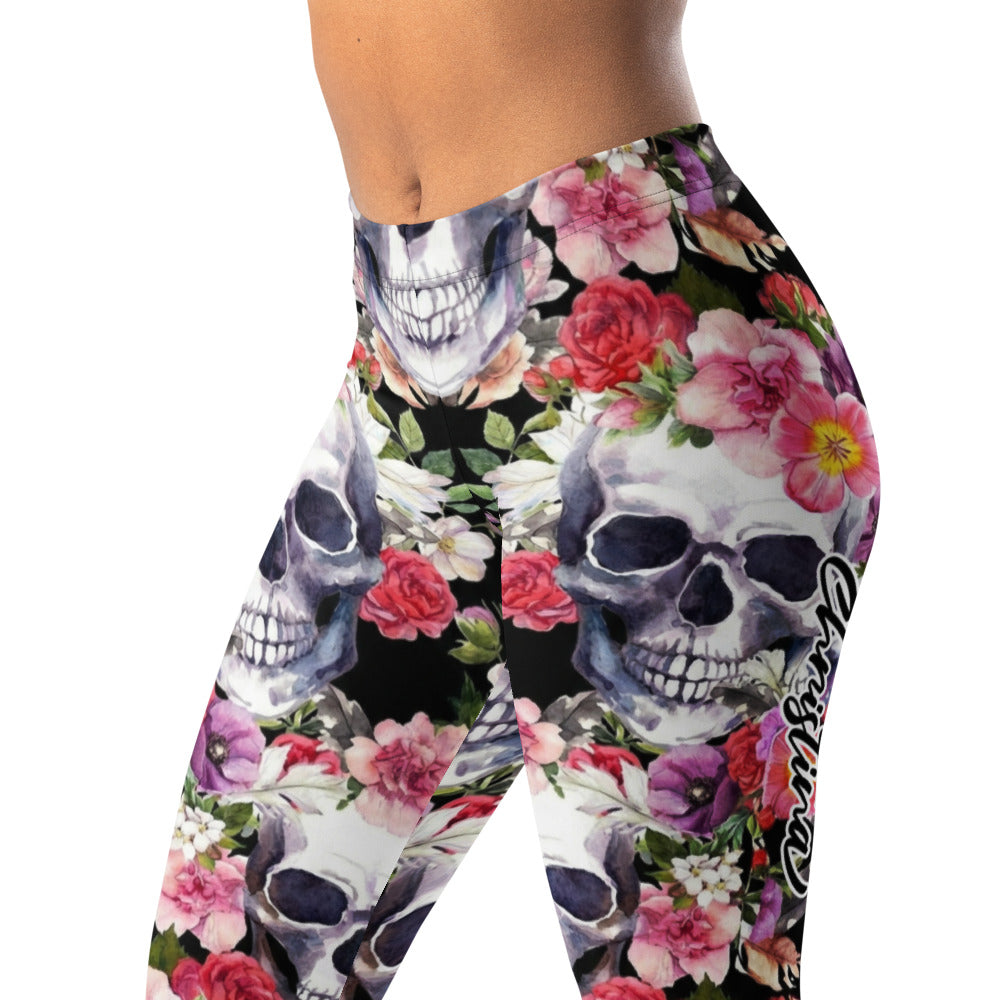 Personalisierte Sportleggings Damen Totenkopf Design Blumenmuster Fitness Leggings Yoga Hose Schwarz Bunt C005