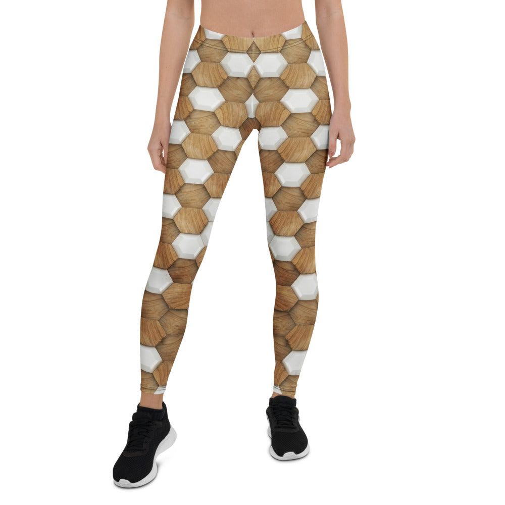 Personalisierte Sportleggings Damen Wabenmuster Holzoptik Fitness Leggings Braun Weiß P138
