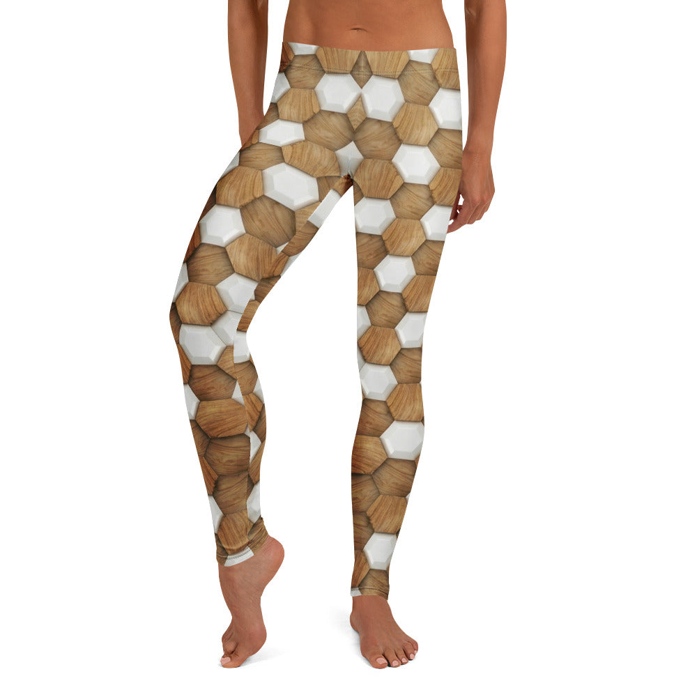 Personalisierte Sportleggings Damen Wabenmuster Holzoptik Fitness Leggings Braun Weiß P138