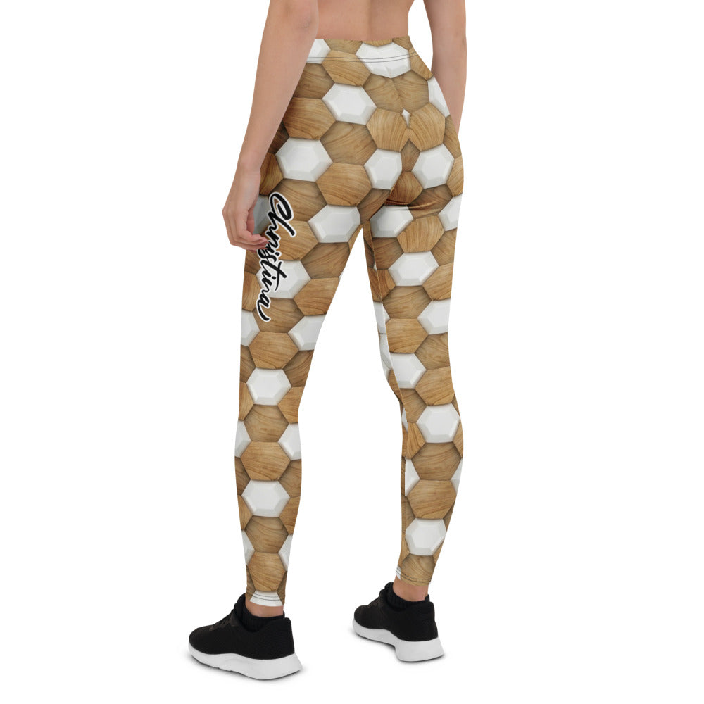 Personalisierte Sportleggings Damen Wabenmuster Holzoptik Fitness Leggings Braun Weiß P138