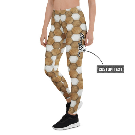 Personalisierte Sportleggings Damen Wabenmuster Holzoptik Fitness Leggings Braun Weiß P138 - XL