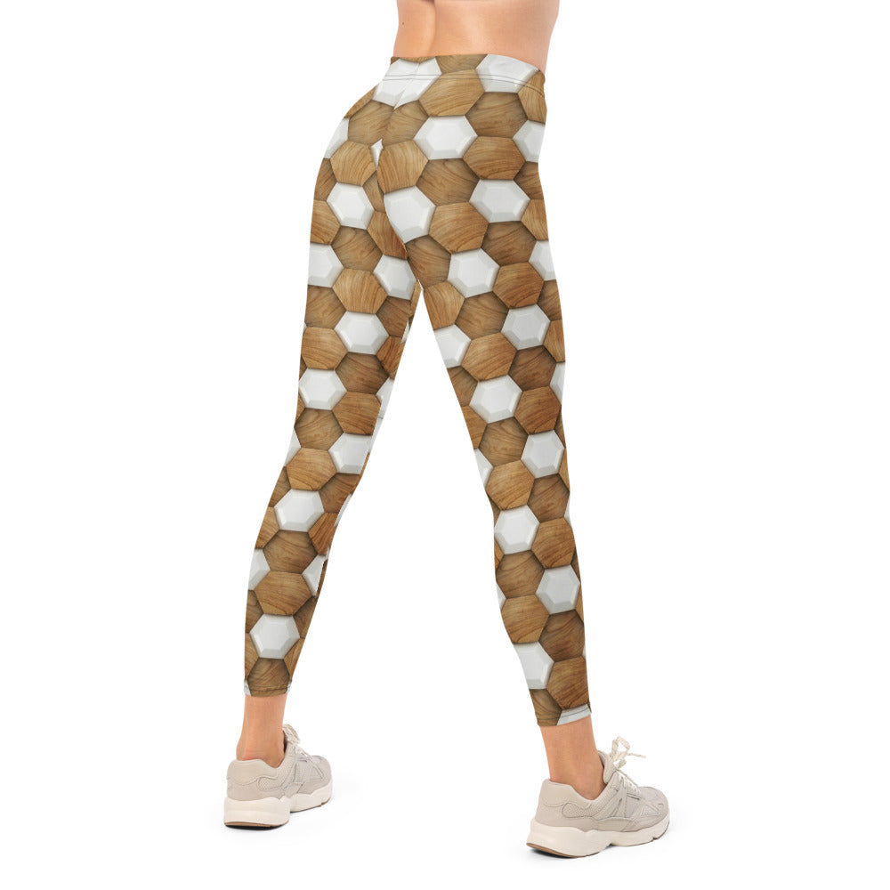 Personalisierte Sportleggings Damen Wabenmuster Holzoptik Fitness Leggings Braun Weiß P138
