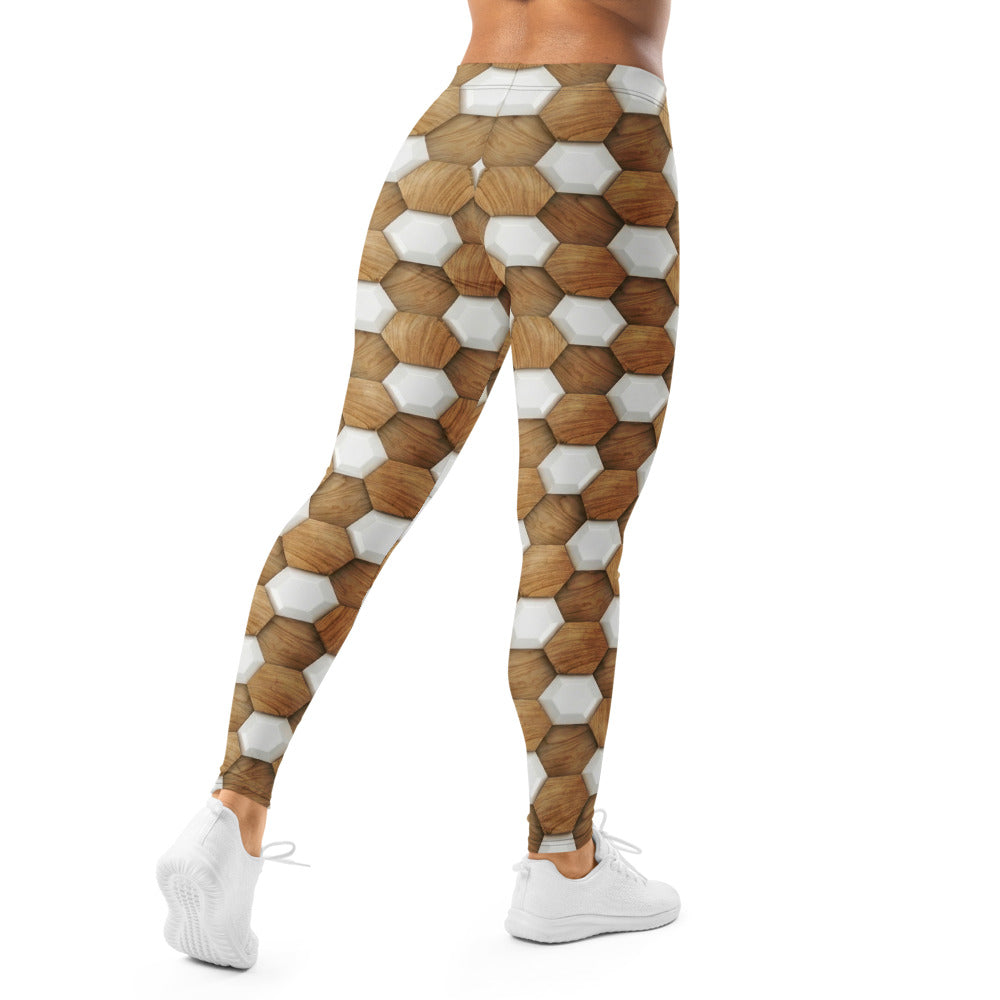Personalisierte Sportleggings Damen Wabenmuster Holzoptik Fitness Leggings Braun Weiß P138