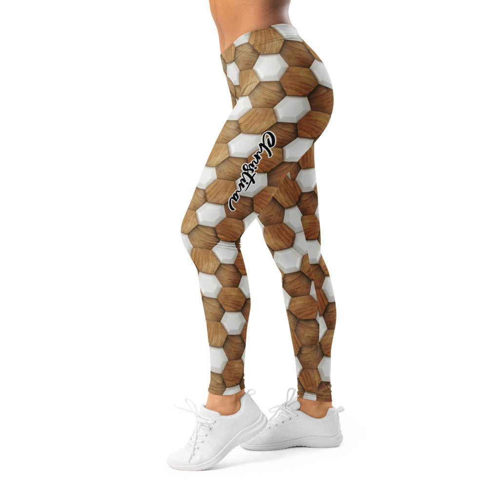 Personalisierte Sportleggings Damen Wabenmuster Holzoptik Fitness Leggings Braun Weiß P138