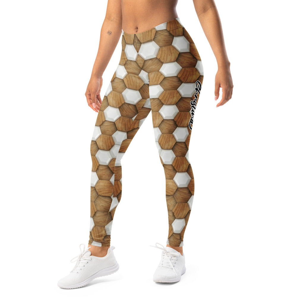 Personalisierte Sportleggings Damen Wabenmuster Holzoptik Fitness Leggings Braun Weiß P138