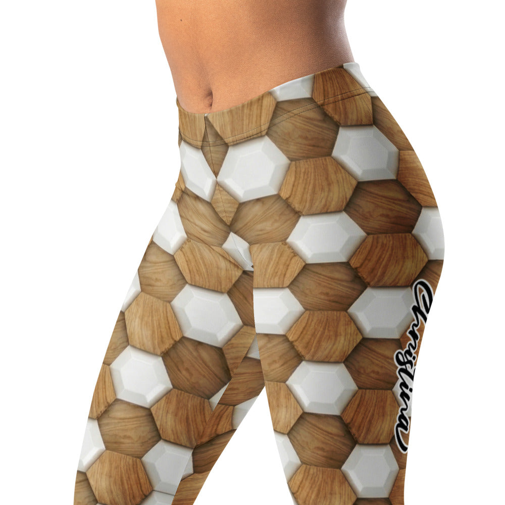Personalisierte Sportleggings Damen Wabenmuster Holzoptik Fitness Leggings Braun Weiß P138
