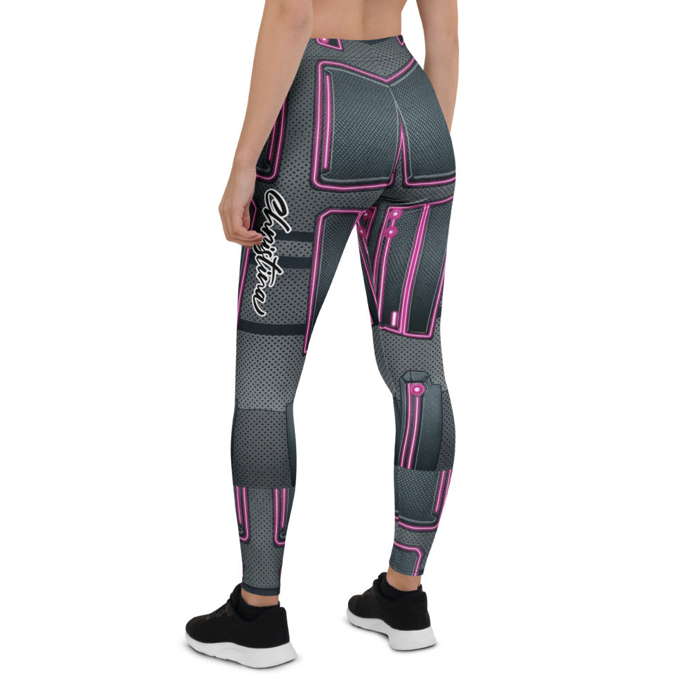 Personalisierte Damen Sportleggings Cyber Design Neon Pink Schwarz Fitness Leggings Sci-Fi Muster U426