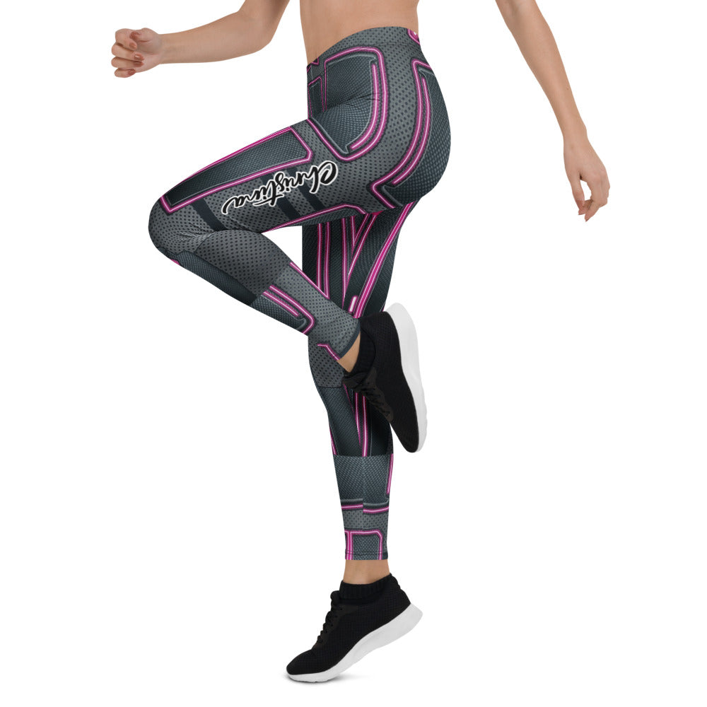 Personalisierte Damen Sportleggings Cyber Design Neon Pink Schwarz Fitness Leggings Sci-Fi Muster U426