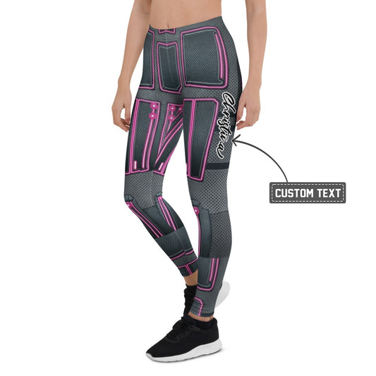 Personalisierte Damen Sportleggings Cyber Design Neon Pink Schwarz Fitness Leggings Sci-Fi Muster U426 - XL