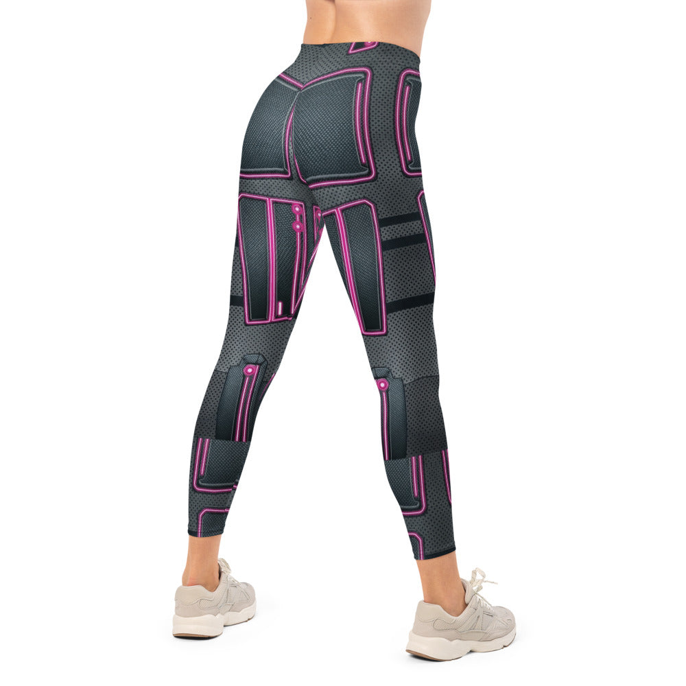 Personalisierte Damen Sportleggings Cyber Design Neon Pink Schwarz Fitness Leggings Sci-Fi Muster U426