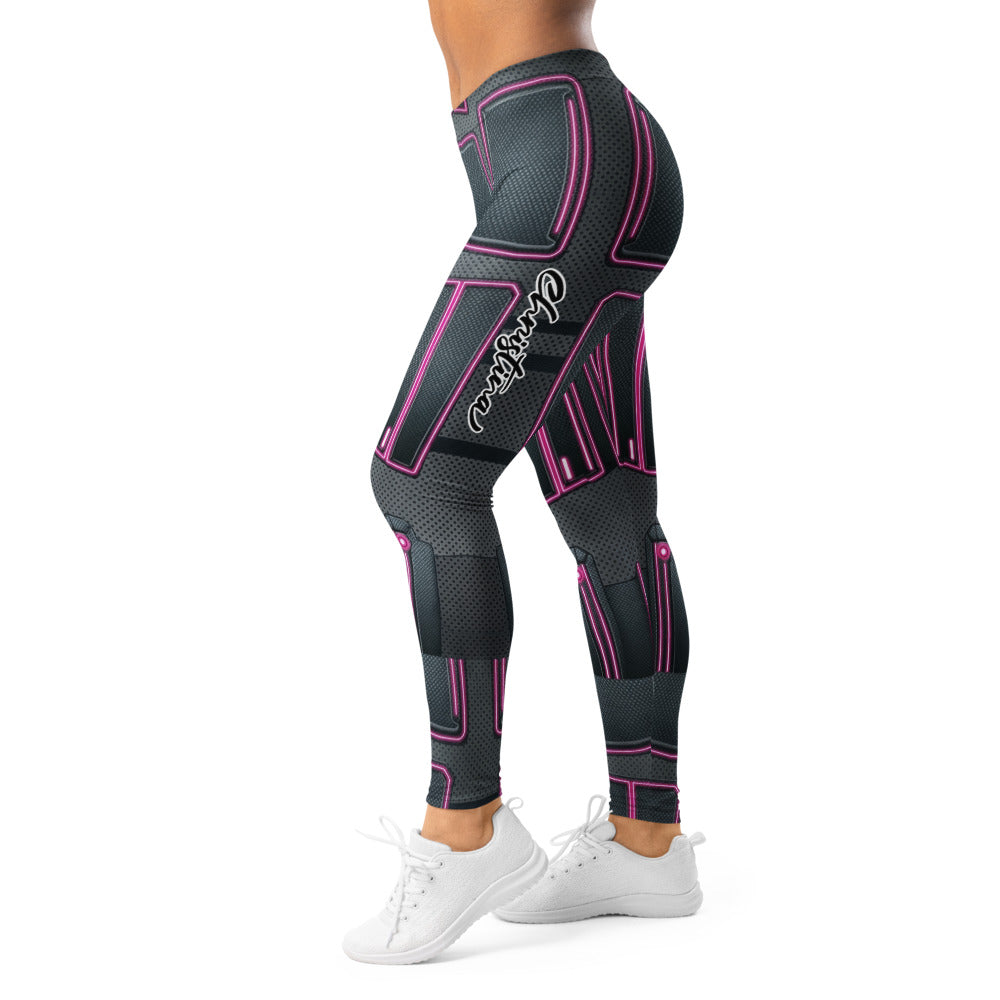 Personalisierte Damen Sportleggings Cyber Design Neon Pink Schwarz Fitness Leggings Sci-Fi Muster U426