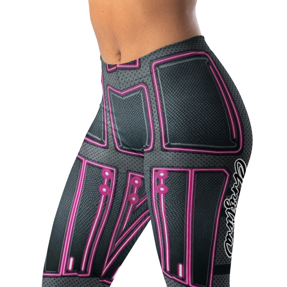 Personalisierte Damen Sportleggings Cyber Design Neon Pink Schwarz Fitness Leggings Sci-Fi Muster U426