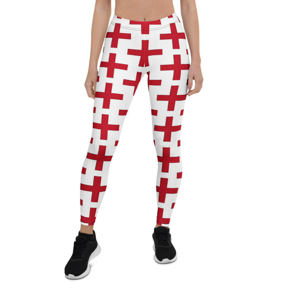 Personalisierte Damen Sportleggings Weiß Rot Kreuz Muster Fitness Yoga Leggings B955