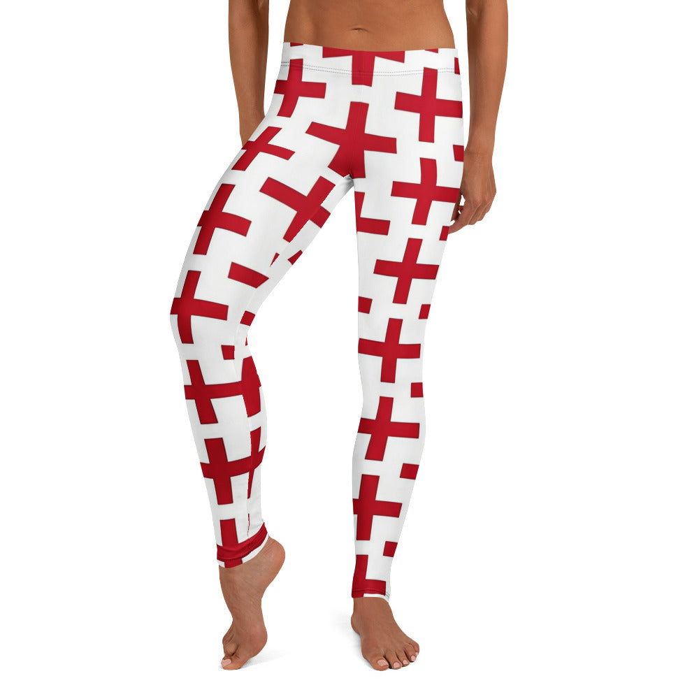 Personalisierte Damen Sportleggings Weiß Rot Kreuz Muster Fitness Yoga Leggings B955