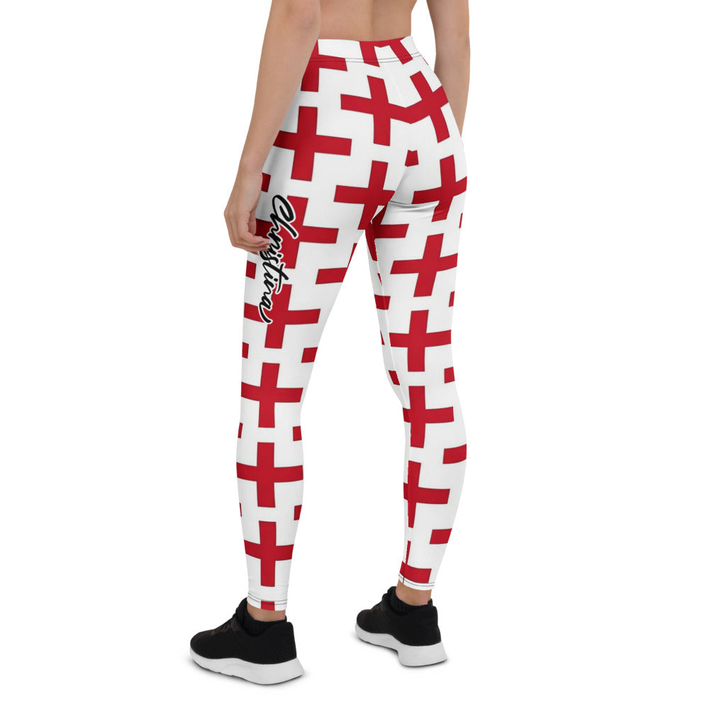 Personalisierte Damen Sportleggings Weiß Rot Kreuz Muster Fitness Yoga Leggings B955