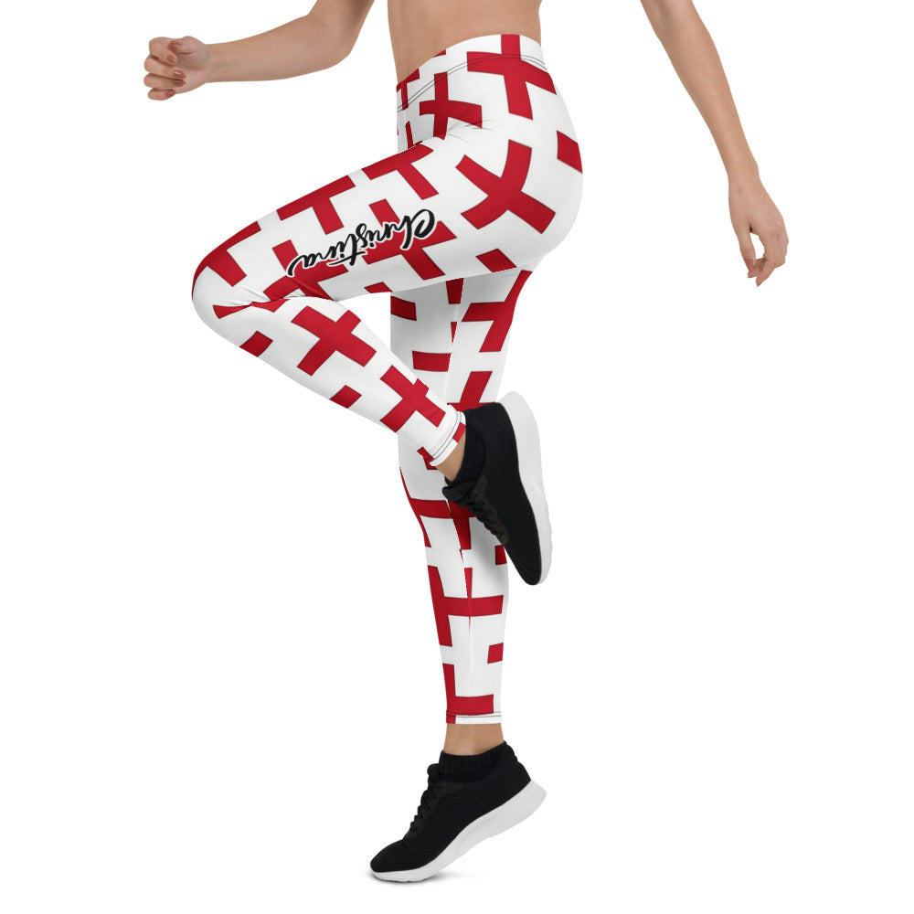 Personalisierte Damen Sportleggings Weiß Rot Kreuz Muster Fitness Yoga Leggings B955