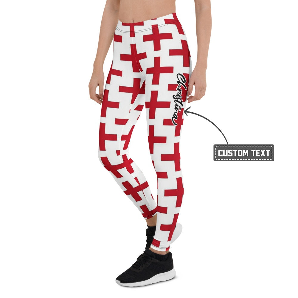 Personalisierte Damen Sportleggings Weiß Rot Kreuz Muster Fitness Yoga Leggings B955 - XL
