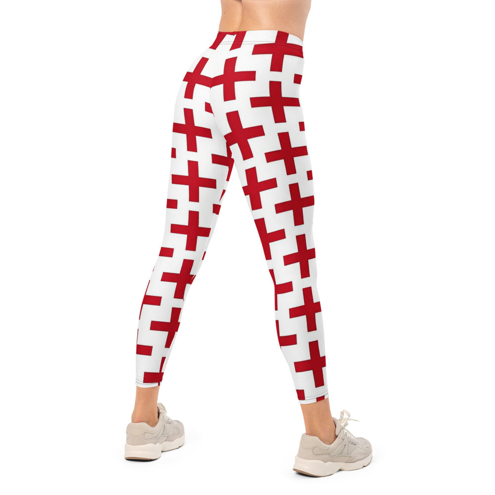 Personalisierte Damen Sportleggings Weiß Rot Kreuz Muster Fitness Yoga Leggings B955