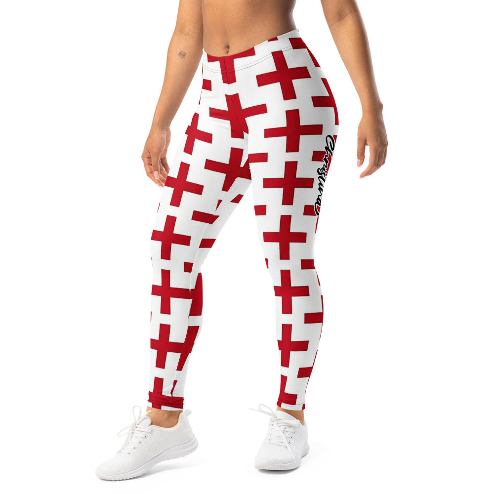 Personalisierte Damen Sportleggings Weiß Rot Kreuz Muster Fitness Yoga Leggings B955