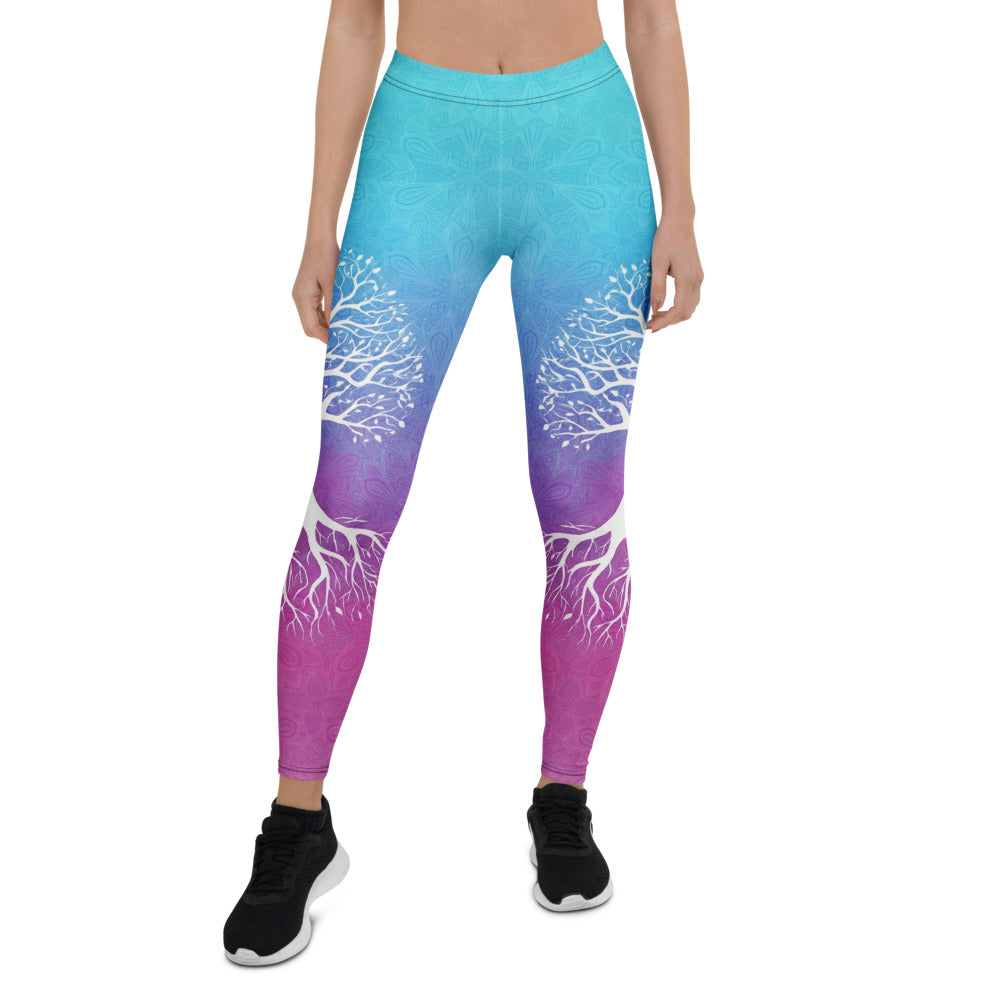 Personalisierte Damen Sportleggings Lebensbaum Motiv Türkis Blau Lila Farbverlauf Yoga Leggings Mandala Muster K763