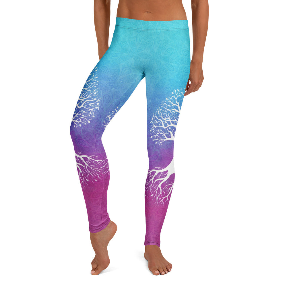Personalisierte Damen Sportleggings Lebensbaum Motiv Türkis Blau Lila Farbverlauf Yoga Leggings Mandala Muster K763