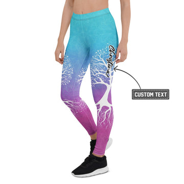 Personalisierte Damen Sportleggings Lebensbaum Motiv Türkis Blau Lila Farbverlauf Yoga Leggings Mandala Muster K763 - XL