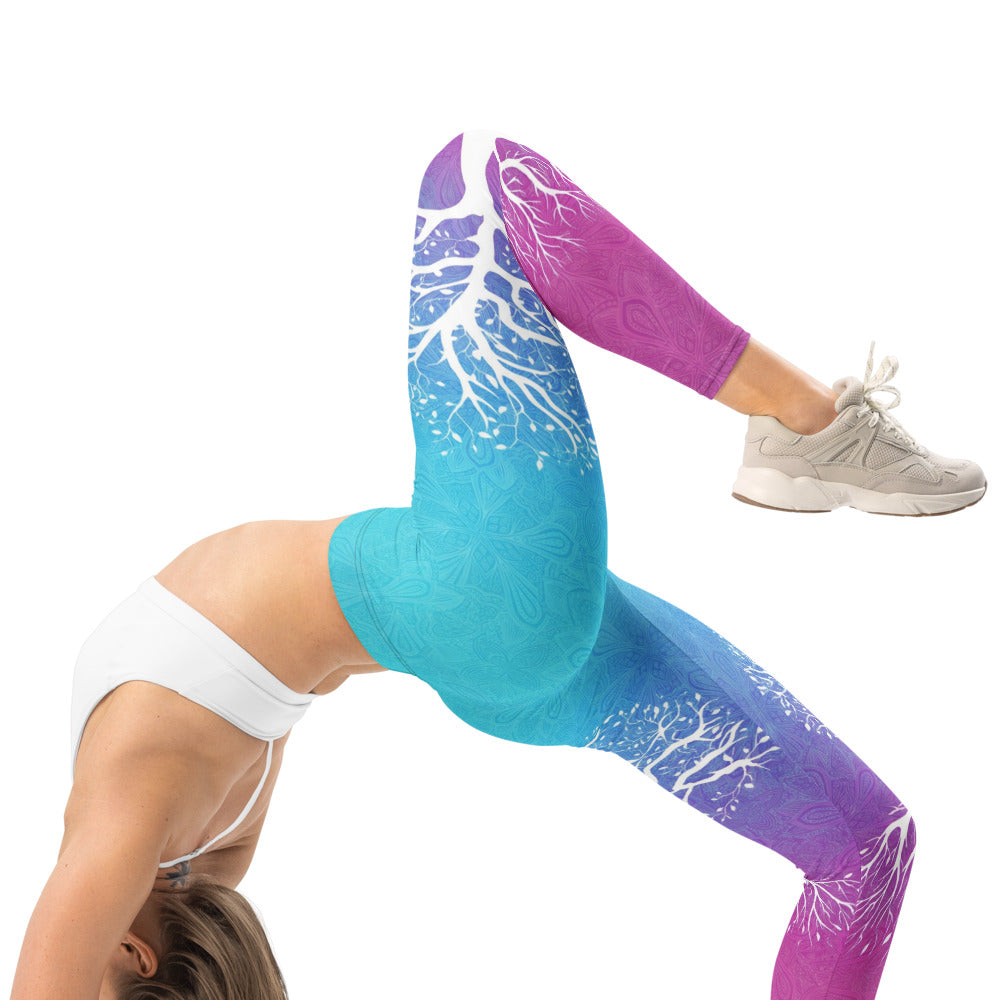 Personalisierte Damen Sportleggings Lebensbaum Motiv Türkis Blau Lila Farbverlauf Yoga Leggings Mandala Muster K763