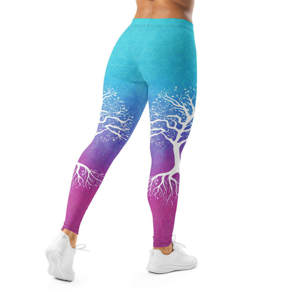 Personalisierte Damen Sportleggings Lebensbaum Motiv Türkis Blau Lila Farbverlauf Yoga Leggings Mandala Muster K763