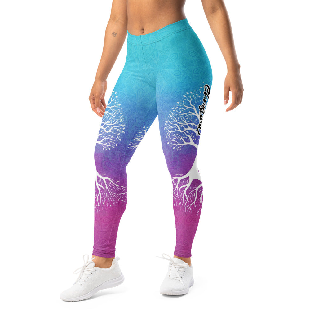 Personalisierte Damen Sportleggings Lebensbaum Motiv Türkis Blau Lila Farbverlauf Yoga Leggings Mandala Muster K763