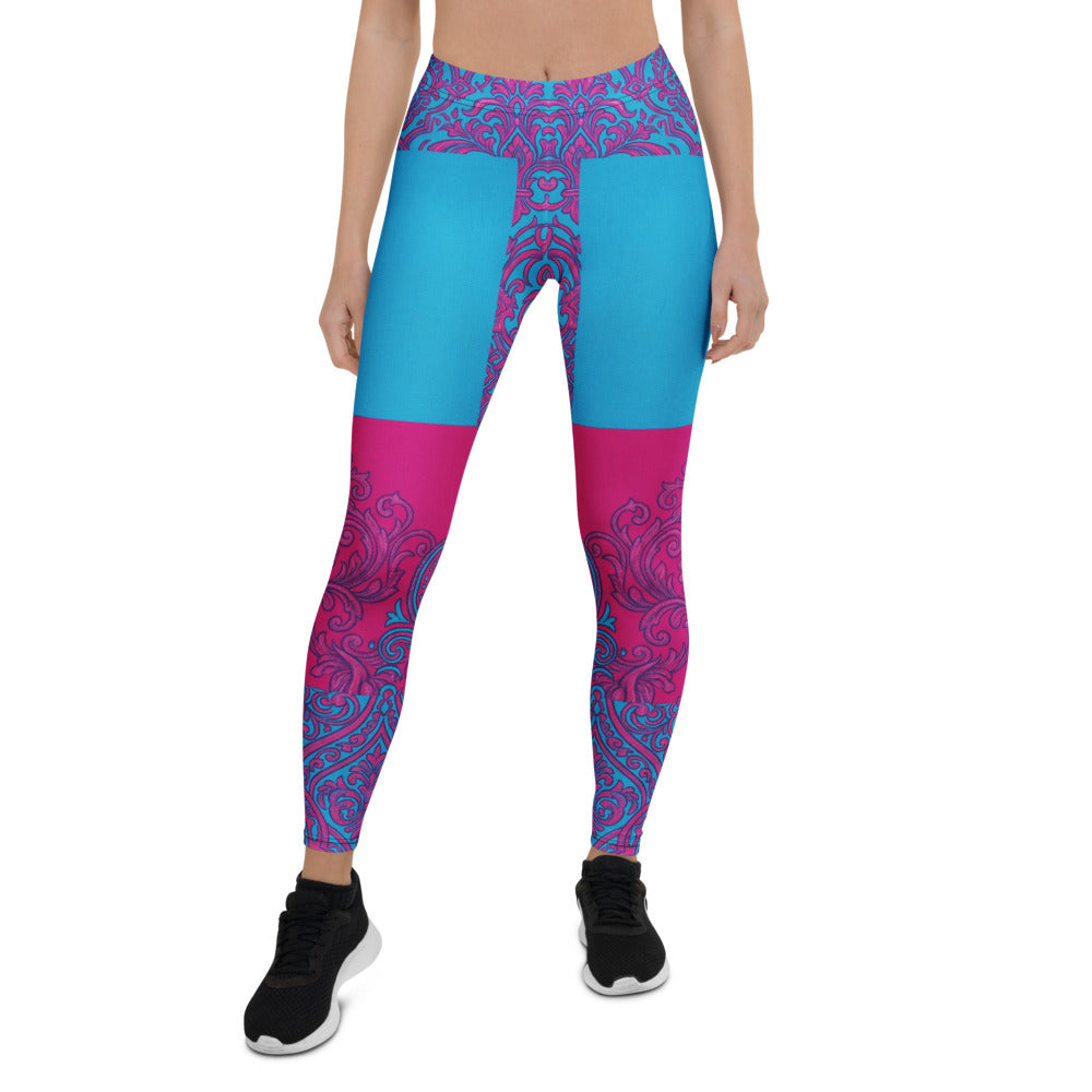 Personalisierte Damen Sportleggings Ornament-Muster Blau Pink Fitness Leggings Yogahose E682