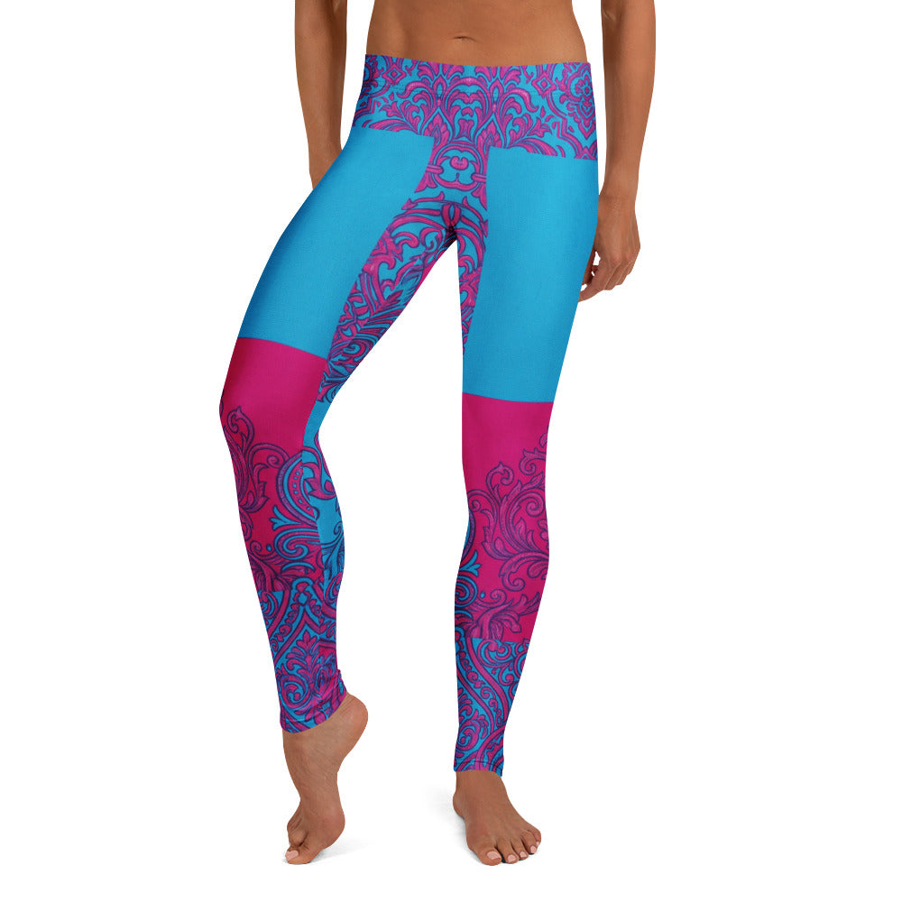 Personalisierte Damen Sportleggings Ornament-Muster Blau Pink Fitness Leggings Yogahose E682