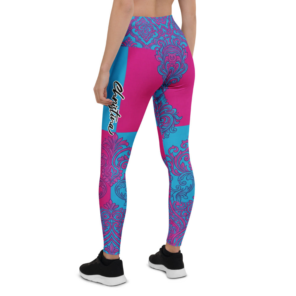 Personalisierte Damen Sportleggings Ornament-Muster Blau Pink Fitness Leggings Yogahose E682