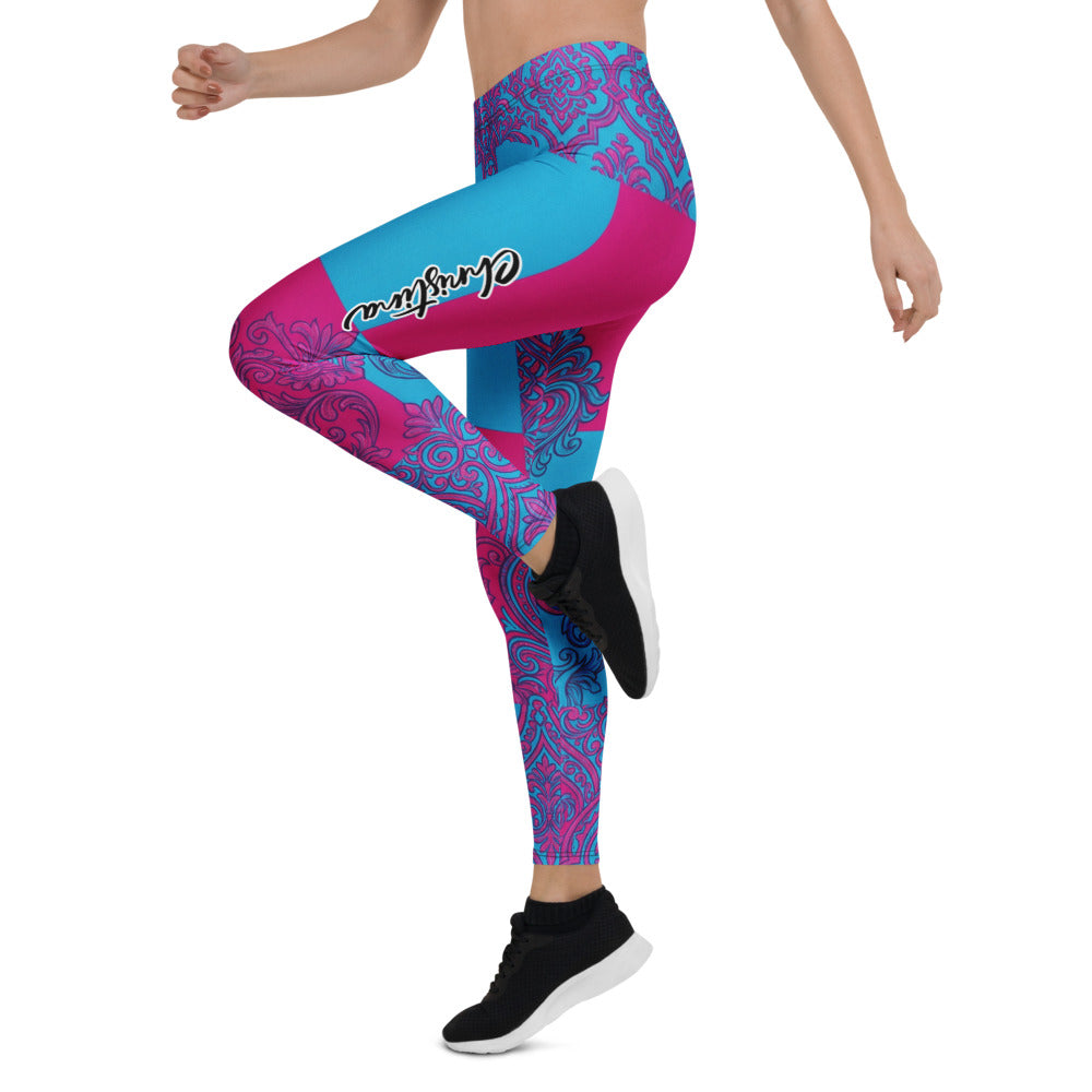 Personalisierte Damen Sportleggings Ornament-Muster Blau Pink Fitness Leggings Yogahose E682