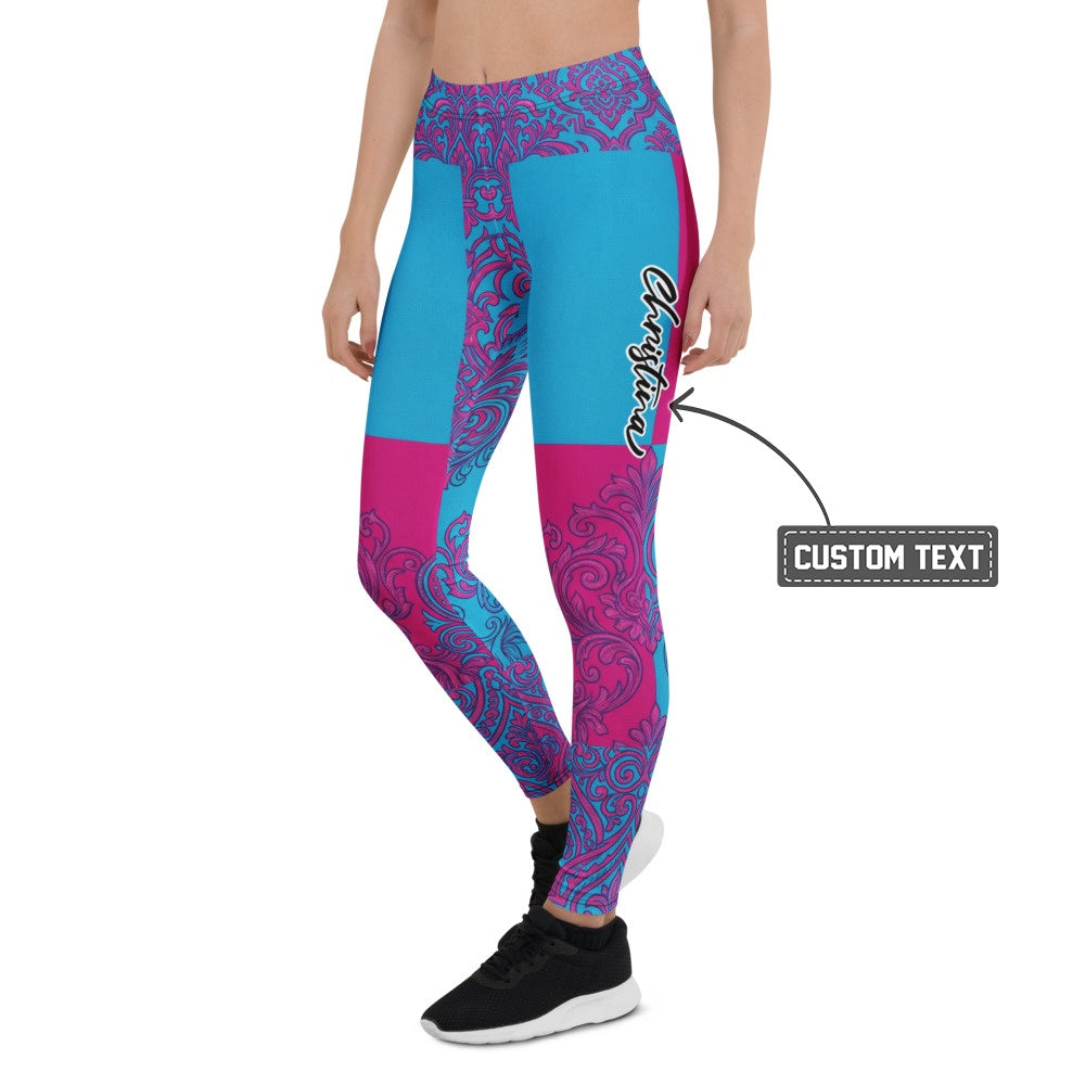 Personalisierte Damen Sportleggings Ornament-Muster Blau Pink Fitness Leggings Yogahose E682 - XL