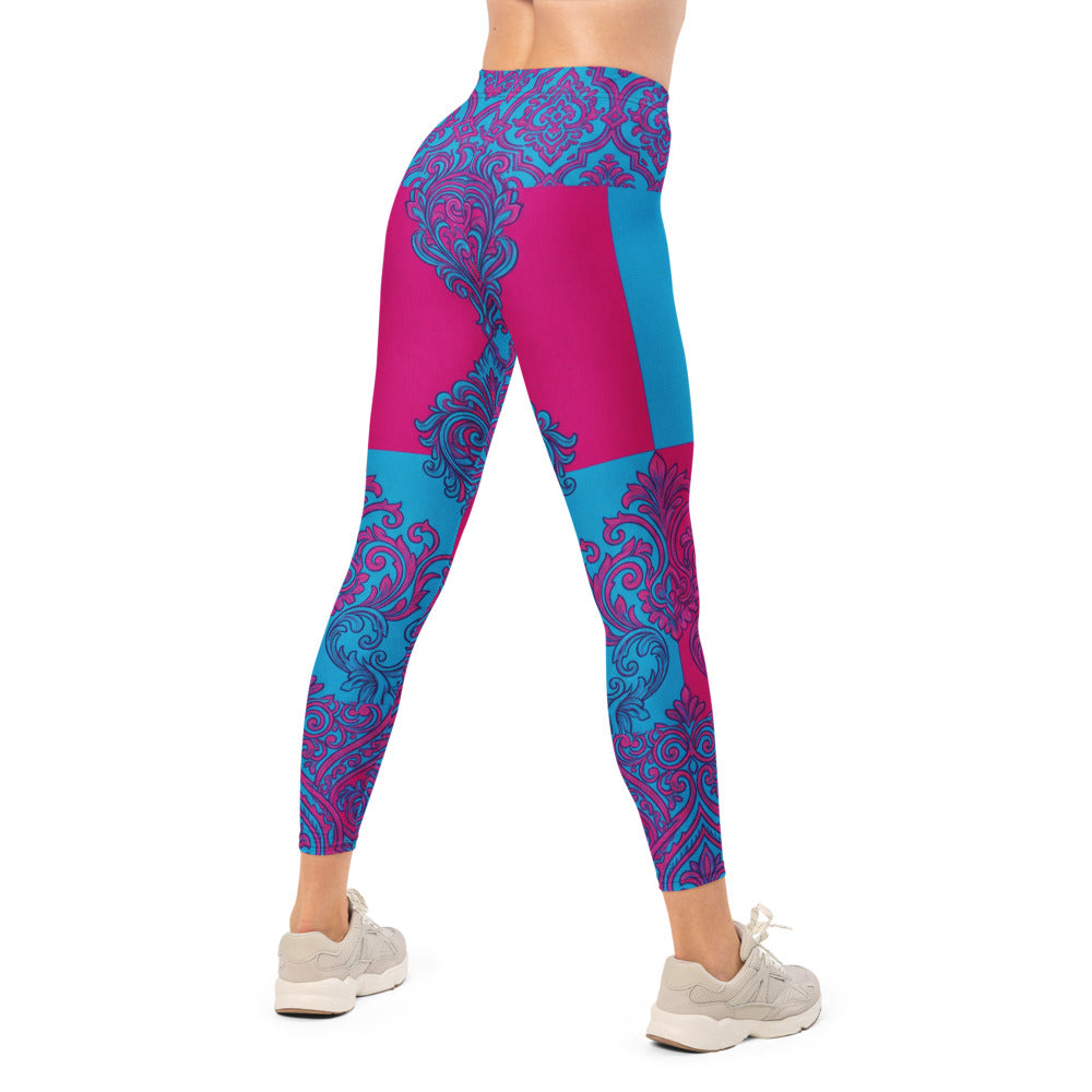 Personalisierte Damen Sportleggings Ornament-Muster Blau Pink Fitness Leggings Yogahose E682