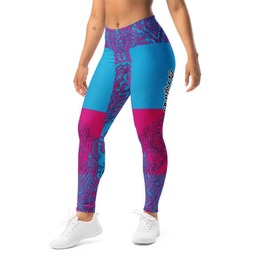 Personalisierte Damen Sportleggings Ornament-Muster Blau Pink Fitness Leggings Yogahose E682