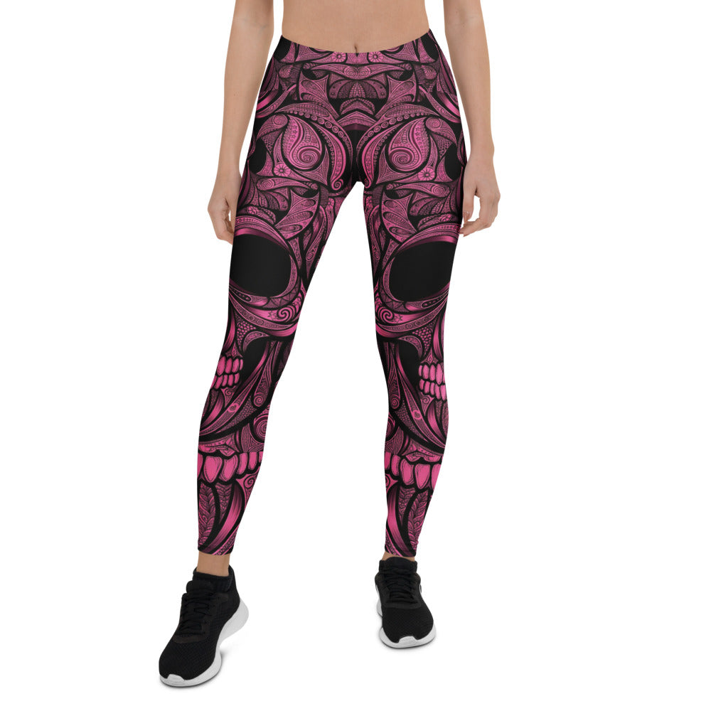 Personalisierte Damen Sportleggings Totenkopf Design Pink Schwarz Fitness Yoga Leggings S861