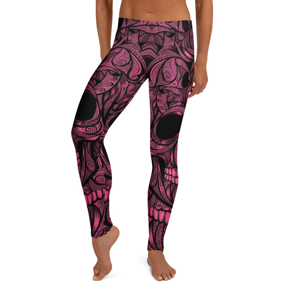 Personalisierte Damen Sportleggings Totenkopf Design Pink Schwarz Fitness Yoga Leggings S861