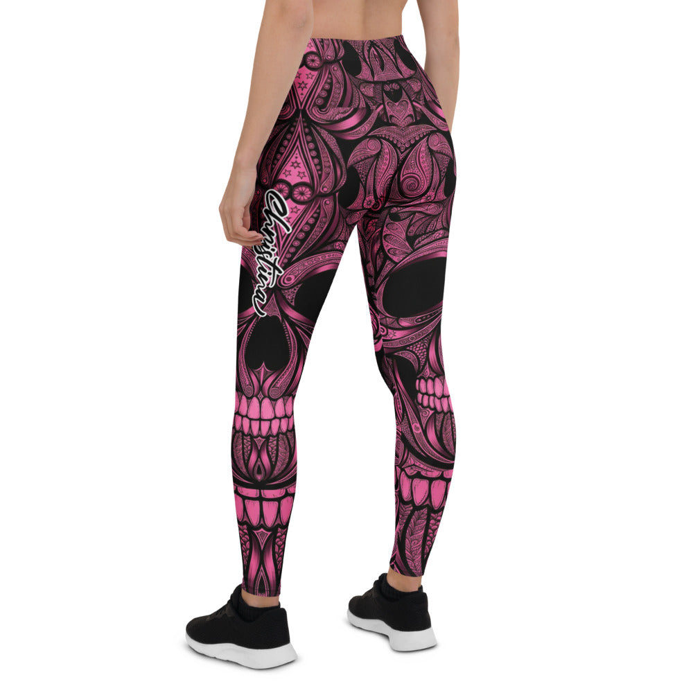 Personalisierte Damen Sportleggings Totenkopf Design Pink Schwarz Fitness Yoga Leggings S861