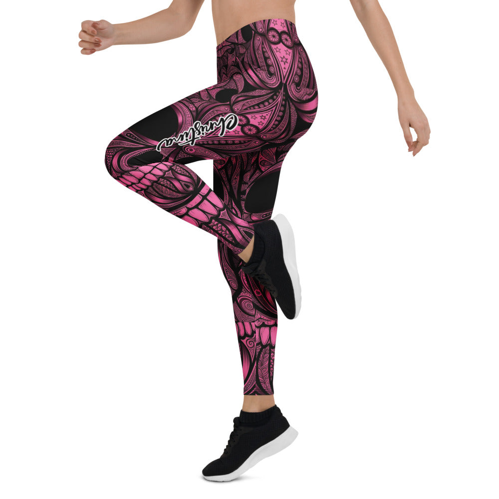 Personalisierte Damen Sportleggings Totenkopf Design Pink Schwarz Fitness Yoga Leggings S861