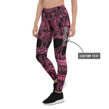 Personalisierte Damen Sportleggings Totenkopf Design Pink Schwarz Fitness Yoga Leggings S861 - XL