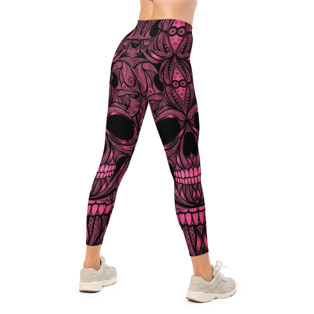 Personalisierte Damen Sportleggings Totenkopf Design Pink Schwarz Fitness Yoga Leggings S861
