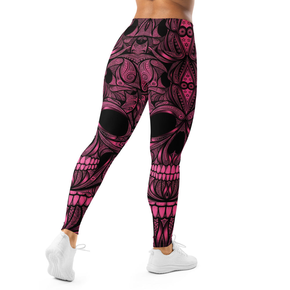 Personalisierte Damen Sportleggings Totenkopf Design Pink Schwarz Fitness Yoga Leggings S861