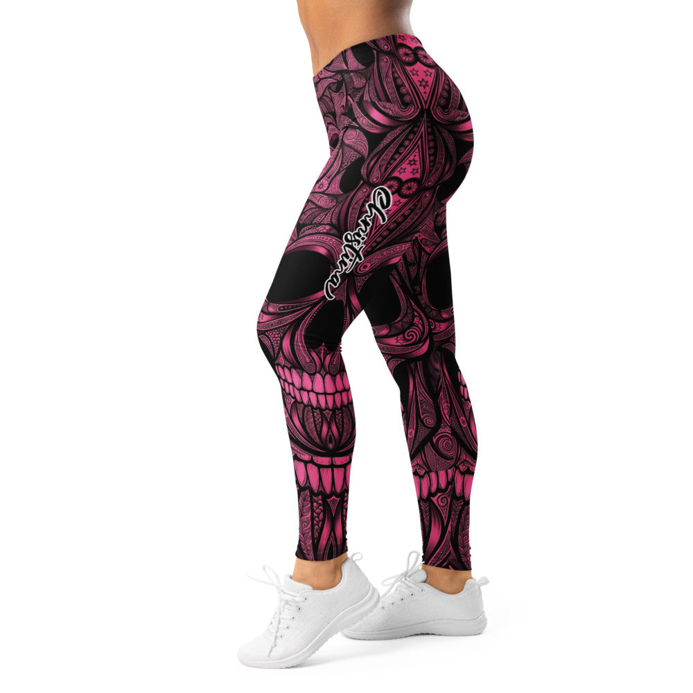 Personalisierte Damen Sportleggings Totenkopf Design Pink Schwarz Fitness Yoga Leggings S861