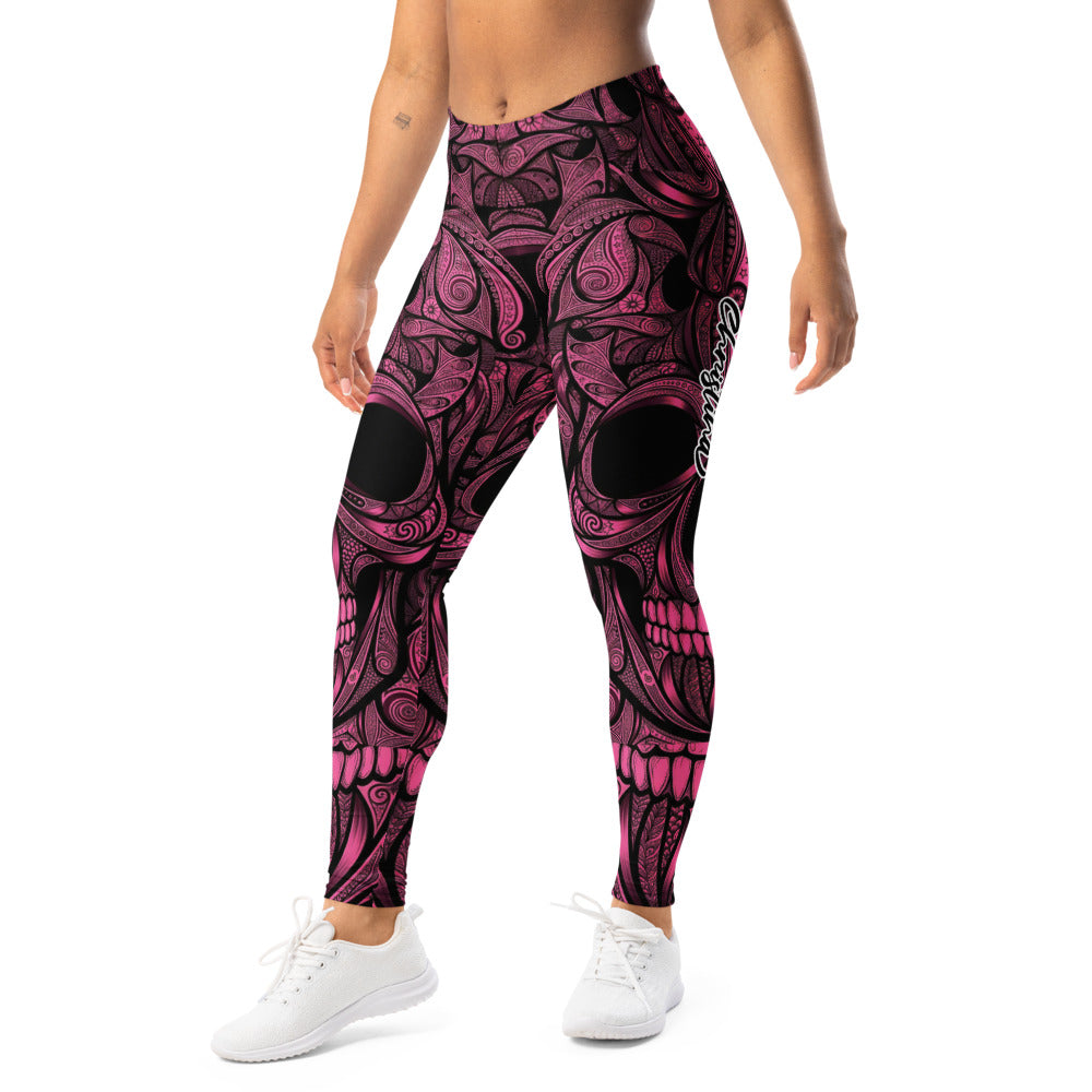 Personalisierte Damen Sportleggings Totenkopf Design Pink Schwarz Fitness Yoga Leggings S861