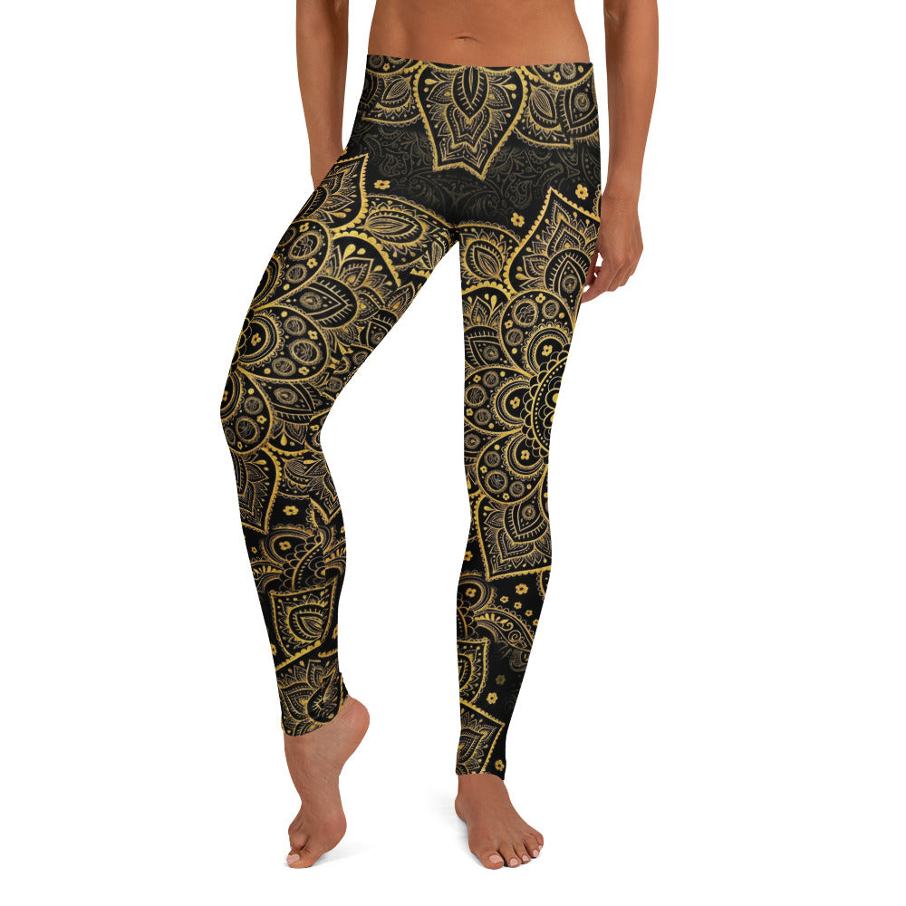 Personalisierte Damen Sportleggings Mandala Design Schwarz Gold Yoga Fitness Leggings P961
