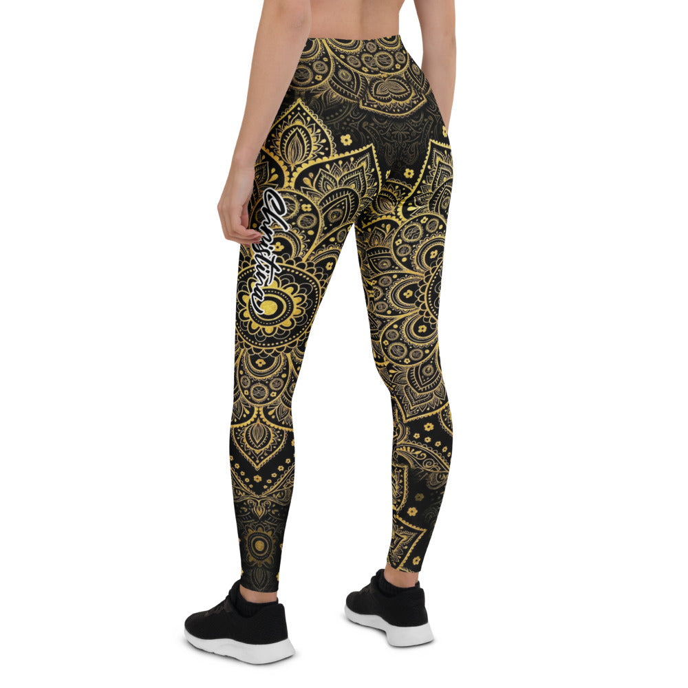 Personalisierte Damen Sportleggings Mandala Design Schwarz Gold Yoga Fitness Leggings P961