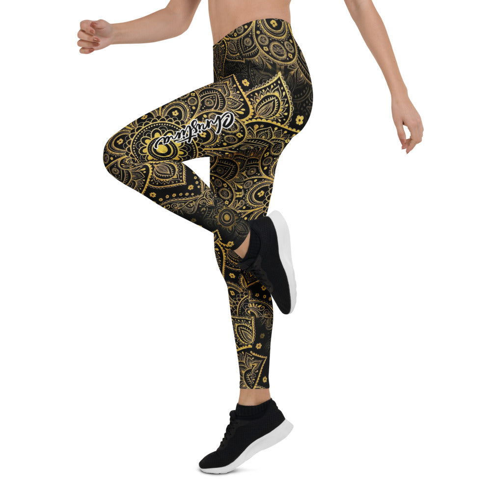 Personalisierte Damen Sportleggings Mandala Design Schwarz Gold Yoga Fitness Leggings P961